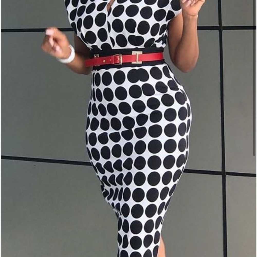 Benchetti Black and White Polka Dot Midi Dress with Red Belt